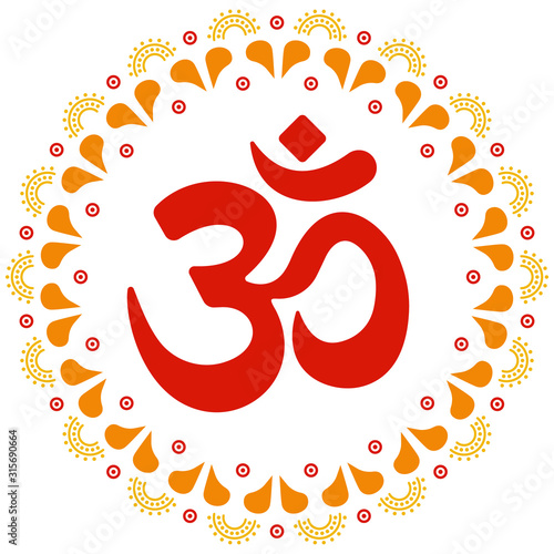 Red OM symbol round mandala. Oriental ornament with ancient Hindu mantra.