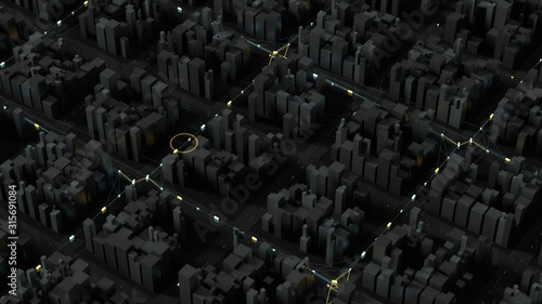 3d render of abstract city and communication between cars. Artificial intelligence. Transport without drivers. 