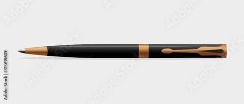 Ballpoint black pen on a white background. Classic mechanical pen to write. Stationery.