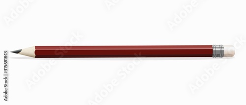 Simple red wooden pencil on a white background. Stationery for drawing. A simple pencil with an eraser.