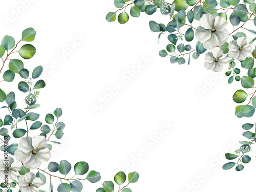 Fotografia Watercolor floral illustration with jasmine flowers and eucalyptus branches isolated on white background