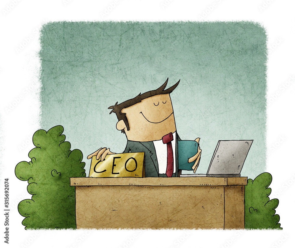 cartoon style illustration of a CEO at his office desk Stock