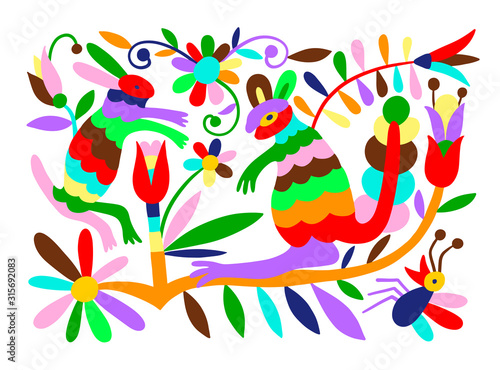 mexican tribal embroidary otomi style pattern with bird, animal and flower