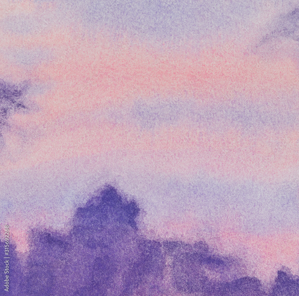 Abstract colorful twilight sky with clouds watercolor background. Hand drawn painting art..