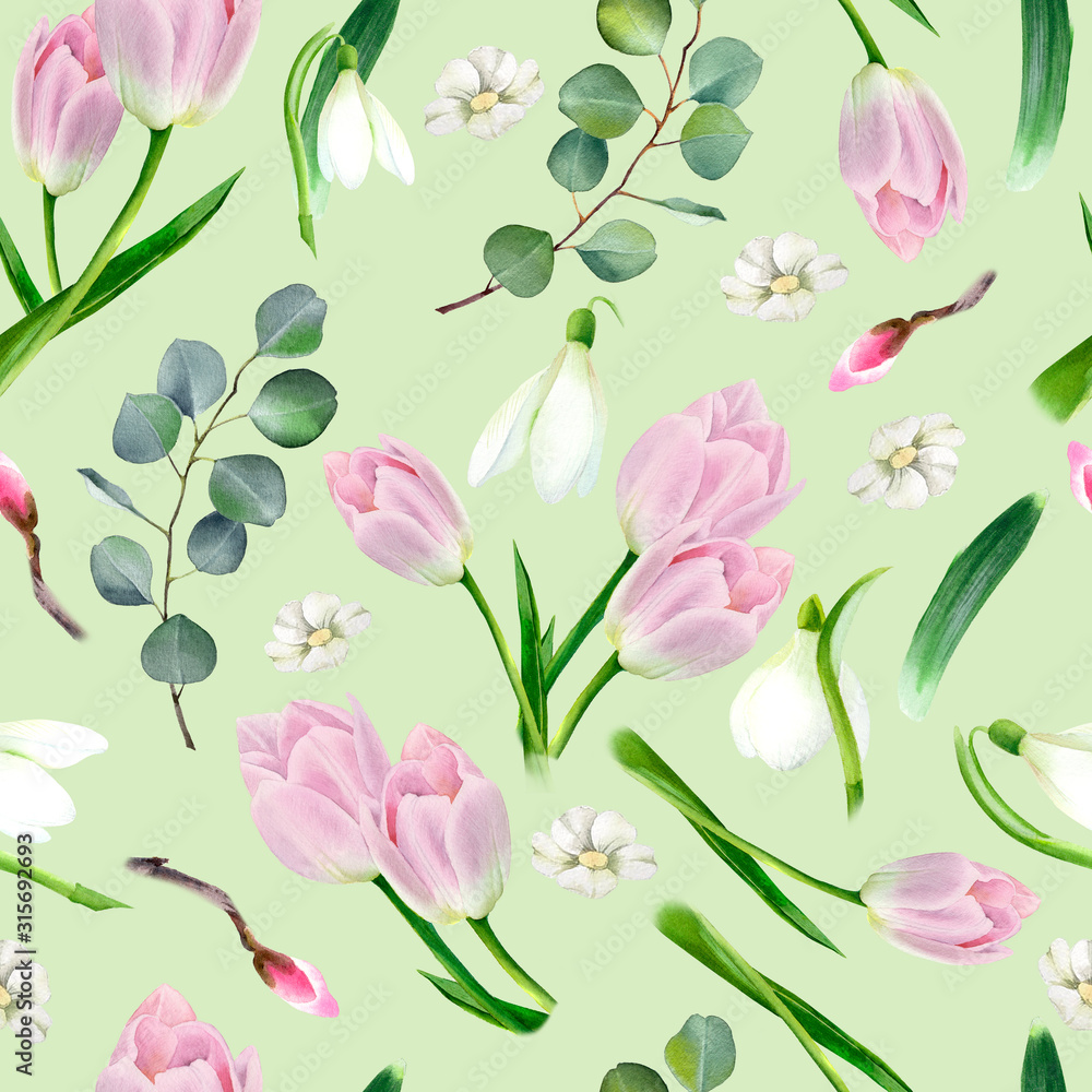 Watercolor floral seamless pattern with tulips flower, snowdrops and green eucalyptus leaves. Spring trendy design for fabric, paper, textile.