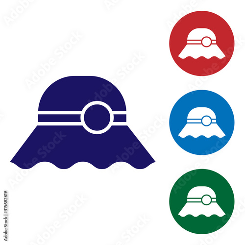 Blue Elegant women hat icon isolated on white background. Set color icons in circle buttons. Vector Illustration
