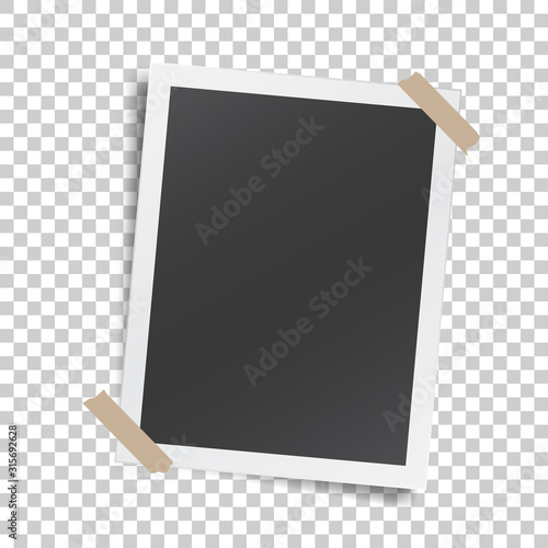 Realistic template with paper photo frame with adhesive tape
