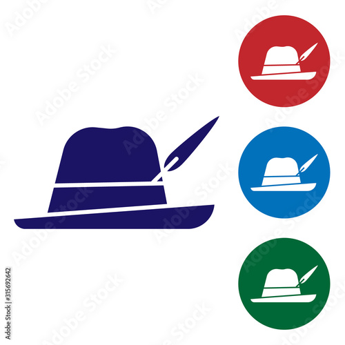 Blue Oktoberfest hat icon isolated on white background. Hunter hat with feather. German hat. Set color icons in circle buttons. Vector Illustration