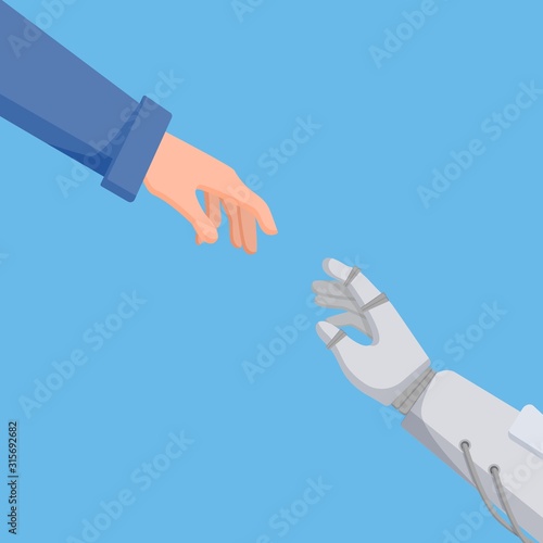 The connection between man and robot hands. Rapprochement of man and robot on a blue background.