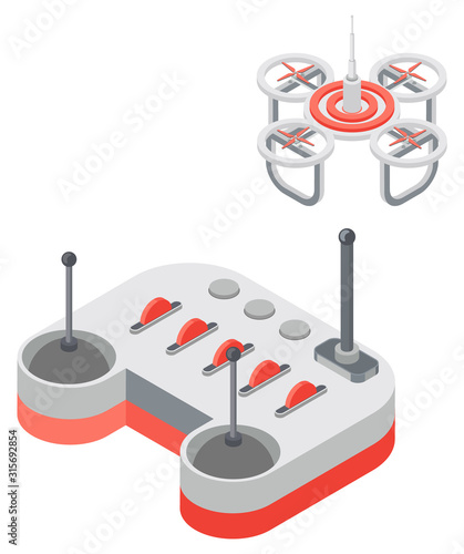 Drone with remote controller, wireless device with propellers, quadcopter symbol, aircraft with remotely radio controlled flying robots, discovery air robot for video and photo, multicopter vector