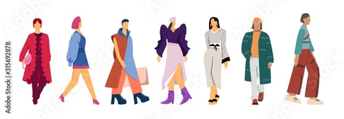 Set of cartoon fashion models clothes presentation vector flat illustration. Collection of female and male character posing in trendy clothing isolated on white background big limbs style
