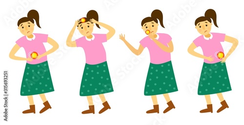 Set of vector illustrations. A woman experiences different types of pain. Headache, backache, abdominal pain, toothache. Chondrosis of the spinal cord. Gastritis. Migraine. Vector illustration.