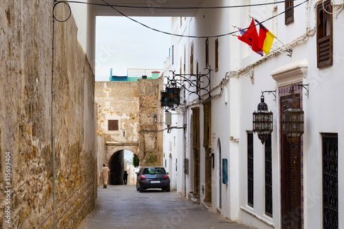 View of the one of the old streets in the Tangier Medina quarter in Northern Morocco. A medina is typically walled, with many narrow and maze-like streets.