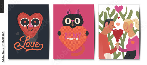 Valentines postcards -Valentines day graphics. Modern flat vector concept illustration - greeting cards -a young couple holding their hands licking a heart shaped ice cream, a happy heart in love, cat