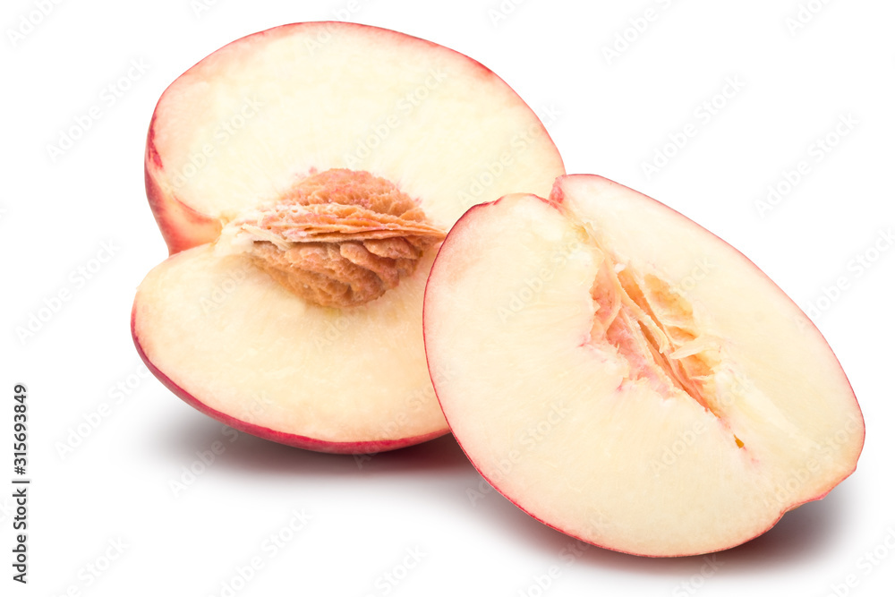 Fresh peach fruit cut in half and slice isolated on white with clipping path. Fresh peach fruit cut in half and slice isolated on white with clipping path.