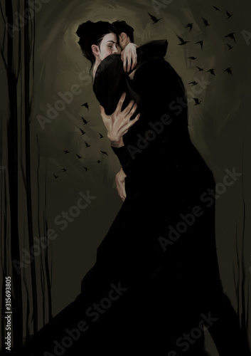Fototapeta Man hugs woman of dark background