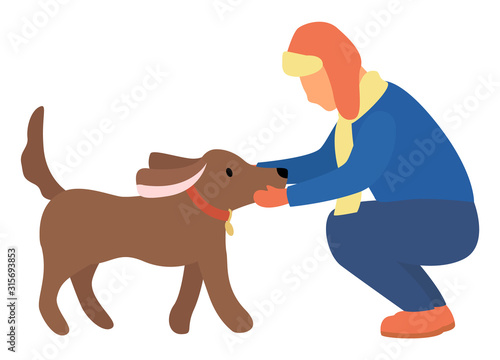 Person character sitting near dog in winter park isolated on white. Human in casual clothes caressing domestic pet in frost season. People active leisure with labrador animal outdoor element vector