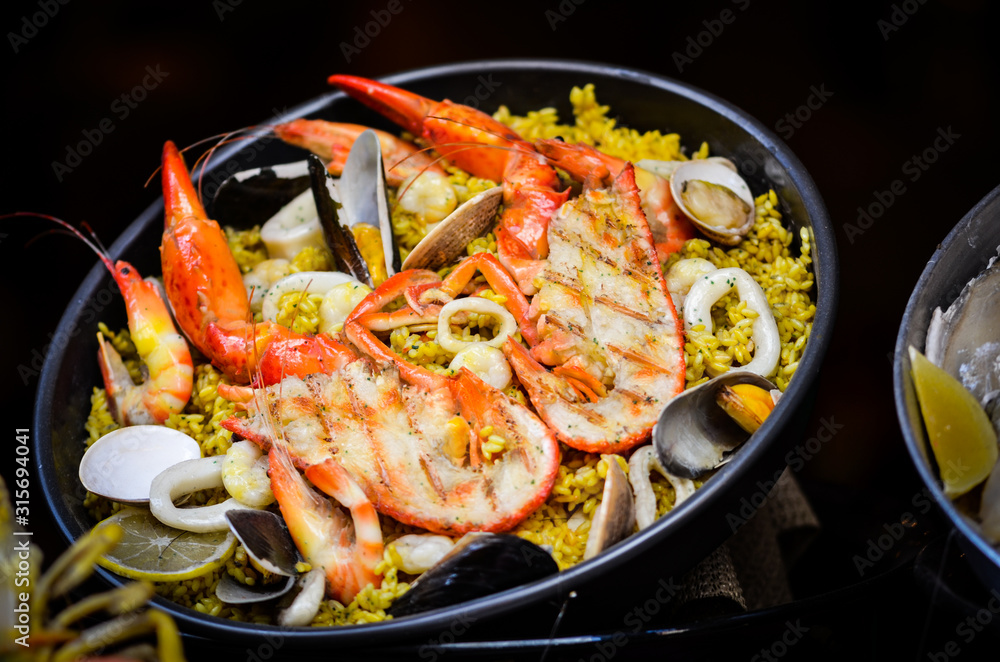 spanish paella with fresh seafood & vegetables