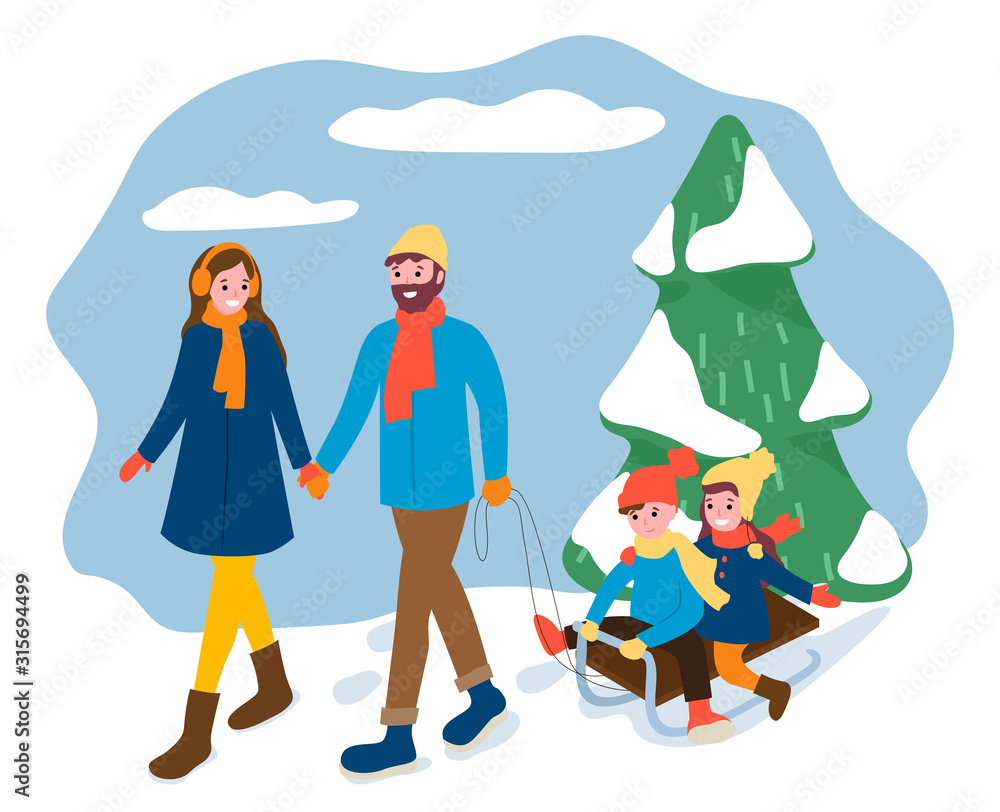 Fototapeta premium People walking in winter forest, mother and father with kids sitting on sleds. Children and parents on vacation in park. Cloudy weather and frost outdoors, landscape with pine tree and snow vector