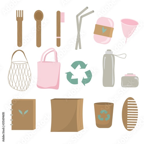 Reuse elements zero waste household items icon set vector graphic illustration. Concept of refuse plastic, eco lifestyle and go green isolated on white background
