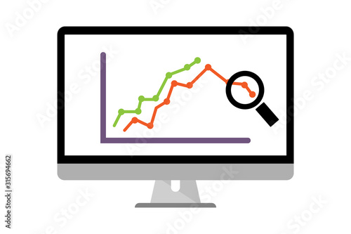 Computer monitor with arrows and bar graph going down, inspecting with a magnifying glass showing crisis situation. 