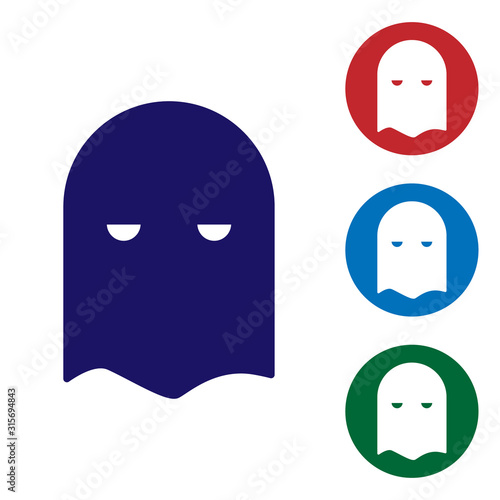 Blue Executioner mask icon isolated on white background. Hangman, torturer, executor, tormentor, butcher, headsman icon. Set color icons in circle buttons. Vector Illustration