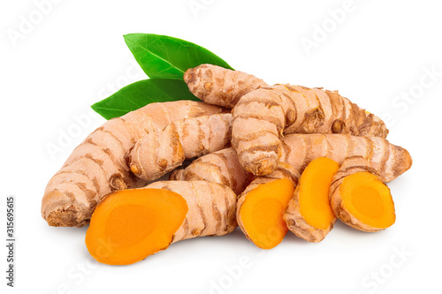 turmeric root with slices isolated on white background close up