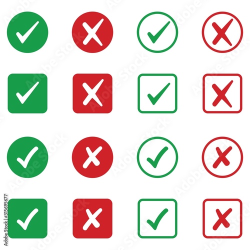 check mark icon set in green and red color vector Illustration
