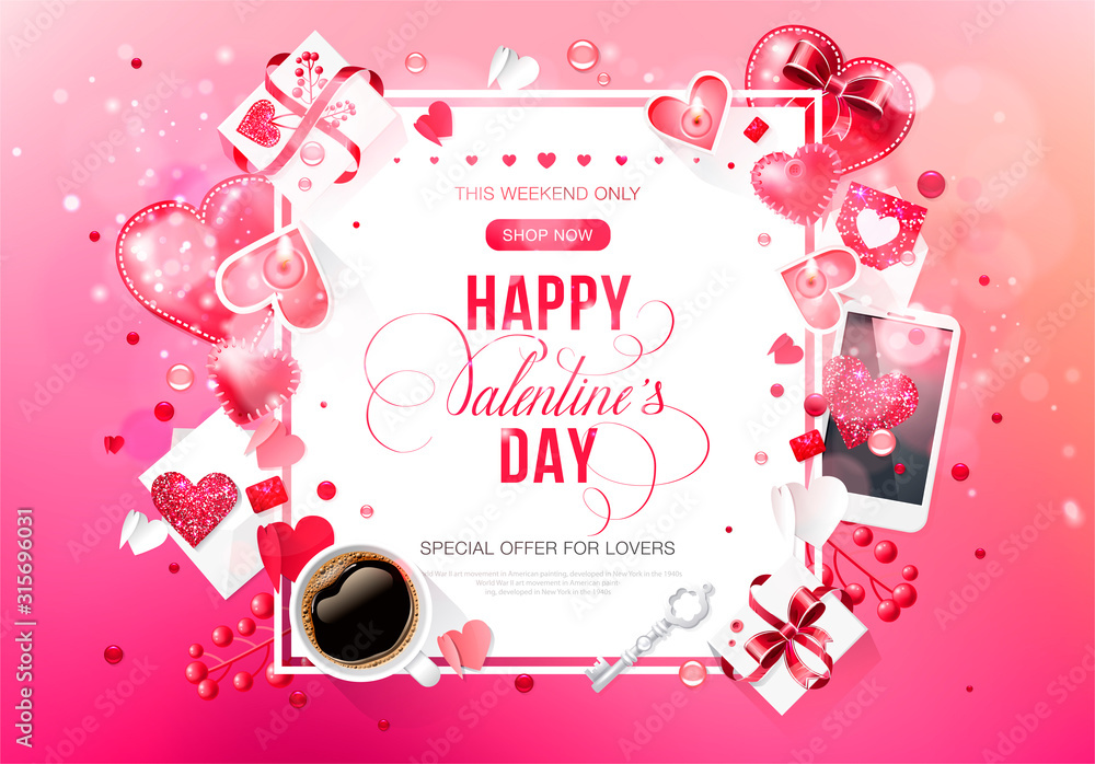 Fototapeta Walentynki miłość napis bokeh broszura internetowa ulotka filiżanka kawy na reklamę sprzedaż party element projektu drewniane tło