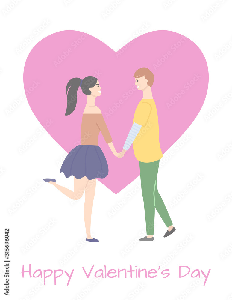 Happy Valentines day and dating teenagers, girl in skirt standing on one leg, boy in yellow sweater and trousers isolated people. Vector cartoon students Happy Valentines day and dating teenagers, girl in skirt standing on one leg, boy in yellow sweater and trousers isolated people. Vector cartoon students