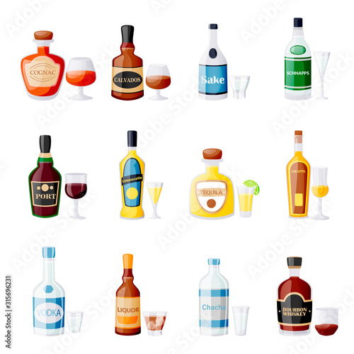 Alcohol drink bottles and glasses. Vector flat cartoon isolated illustration. Bar menu design elements