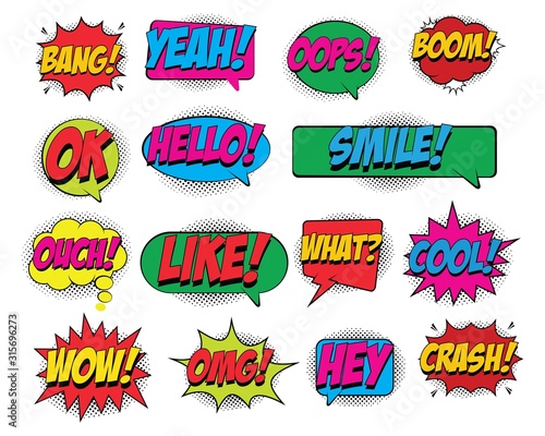 comic speech bubbles set on white background. Expression text, Bang, Yeah, Oops, Boom, Hello, Smile, Ouch, Like, What, Cool, Wow, Hey, Crash, Vector cartoon explosions with different emotion