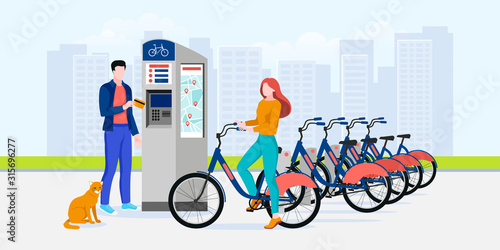 Public city bicycle sharing business, vector flat illustration. Modern automated bike rental service system concept