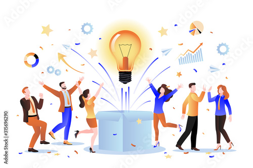 Team idea concept. Vector flat cartoon illustration. Group of creative people invents innovative successful solution