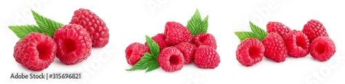 Fotografia Ripe raspberries with leaf isolated on a white background, Set or collection