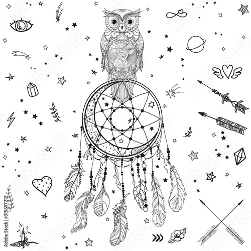 Dreamcatcher with owl on white. Hand drawn elements. Design for spiritual relaxation for adults. Black and white illustration