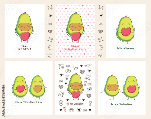 Happy Valentines day. Set of greeting cards with hand drawn cute avocado and pink hearts. Vector.	