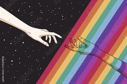 Reaching hands and rainbow in space. Gay Pride. Romantic LGBT concept. Rainbow colored hand. Abstract vector colorful illustration for poster, t-shirt print, postcard