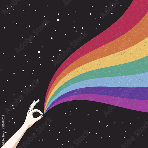 Hand holds rainbow in space. Gay Pride. Romantic LGBT concept. LGBT flag. Abstract vector colorful illustration for poster, t-shirt print, postcard