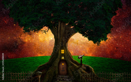Gigantic tree house in the meadow