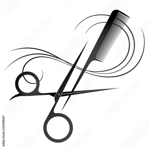 Scissors and comb with curls of hair. Unique silhouette for a beauty salon