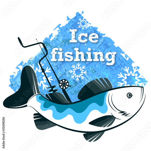 Fish winter fishing with a fishing rod with a drill and snowflakes