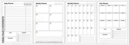 Collection of minimalist life and business planner sheets vector graphic illustration. Daily, weekly, monthly, year planners template. Empty blank notebook page isolated on white