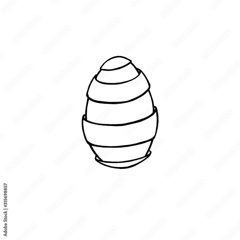 Harvesting eggs for coloring, design, holiday decoration. Straight ribbon wrapped egg, 3d. Easter egg 2020, drawn in black marker