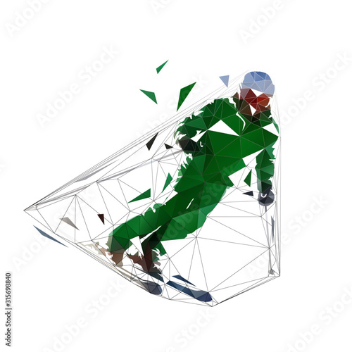 Downhill skier, active old man, low poly geometric drawing. Isolated vector illustration. Winter skiing