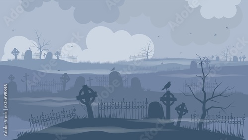 Cemetery or graveyard on a terrible night.. Dark night background, gloomy landscape, tombstone silhouette.