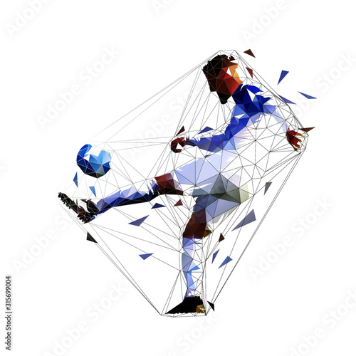 Soccer player kicking ball, isolated low poly vector silhouette, geometric drawing