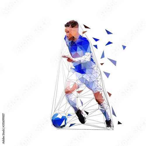 Soccer player running with ball, low poly isolated vector drawing, geometric footballer