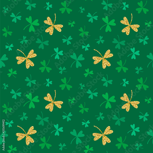 Seamless vector pattern with shamrocks and golden clover. St. Patrick s Day background.