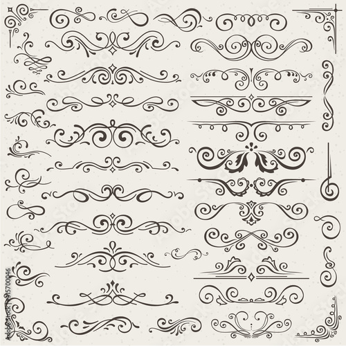 Vector set of calligraphic design elements and page decorations. Elegant collection of hand drawn swirls and curls for your design. Isolated on beige background